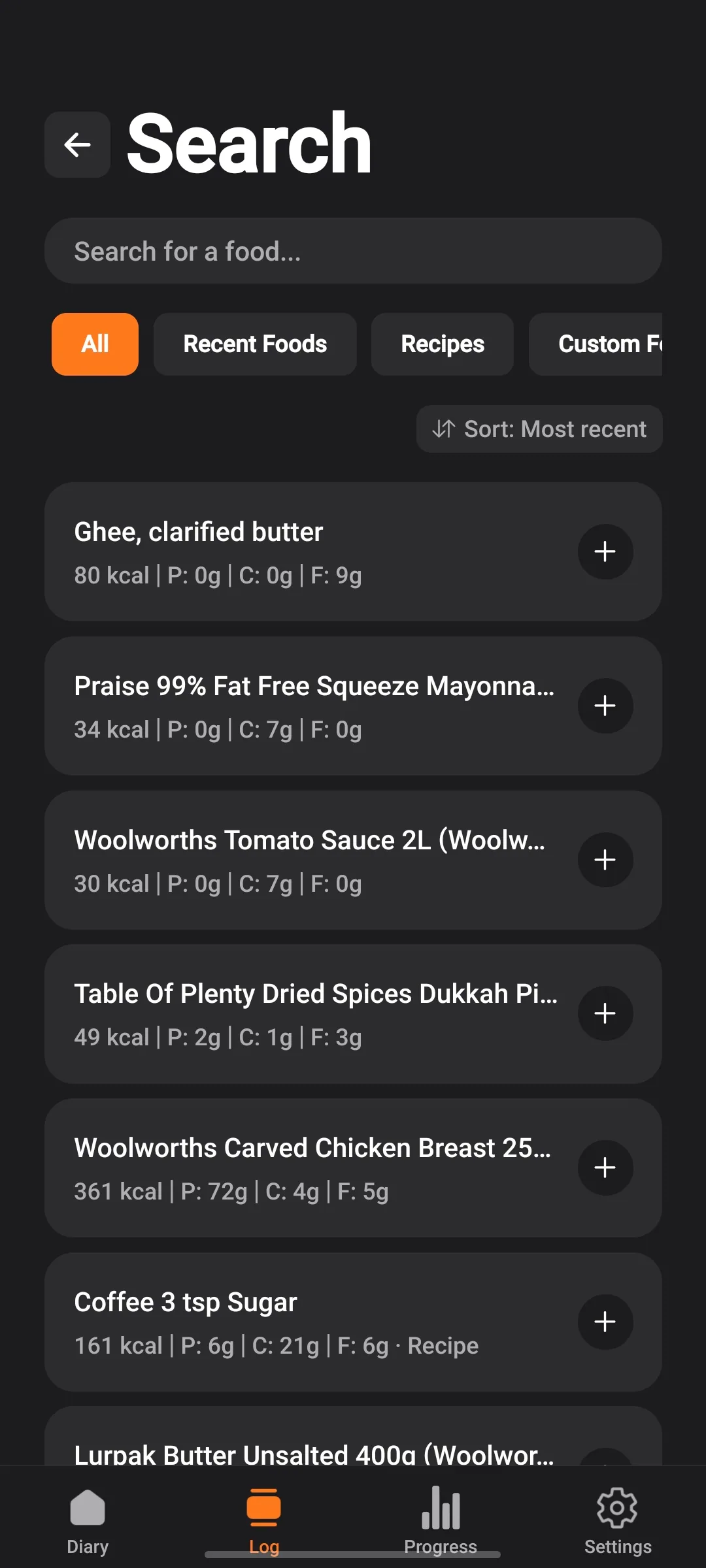 Food search screen listing results with calories, protein, carbs and fat per serving.