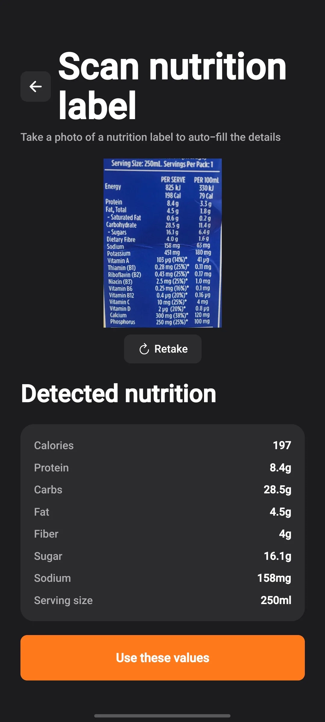 Scan nutrition label screen showing a captured label photo with auto-filled nutrition fields.